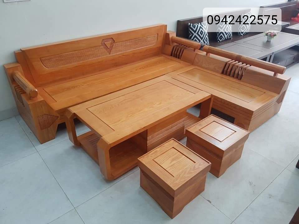 Bộ Sofa Gỗ góc kim cương gỗ sồi phòng khách giá rẻ